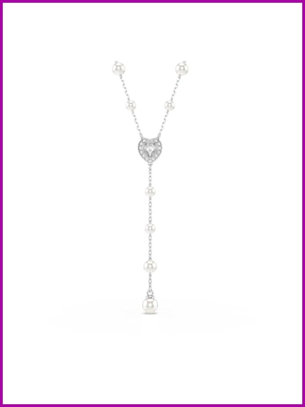 Crystal Pearl Y-Necklace Rhodium Finish Heart Pendant Necklace